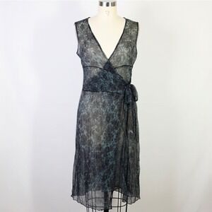 Kara Line One Size Sheer Floral Wrap Dress Unlined Black Blue Sleeveless
